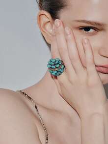 Noxbound A Vintage Bohemian Stretch Ring With Turquoise Inlay For Ladies' Party Decor - Blue - View 3