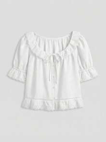 lacRébo White Cotton Blouse With Embroidered Details Front Buttoning Summer Holiday Work Brunch Vacation Office Top Cottagecore Romantic - White - View 7