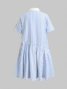 SHEIN 青少年女孩休閒舒適襯衫領撞色條紋素色洋裝，返校季公主風洋裝 - 藍色 - 查看 3