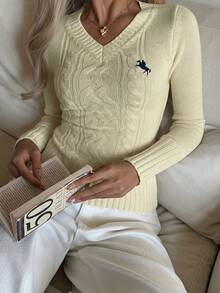 CovetEZ 女款休閒極簡刺繡細節針織衫，秋冬校園穿搭上衣 - 杏色 - 查看 6