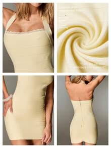 Nuvra Women's Sexy Minimalist Solid Color Lace Trim Backless Halter Tie Strap Summer Dress - Cream - View 4