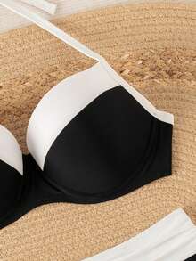 Swim DD+ Two Pieces Knitted Solid-Color Underwire Shaping Women's Swimwear - Black and White - View 7