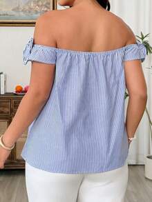 Weeklong Women's Off-Shoulder 3D Floral Striped Elegant Summer Plus Size Blouse - Blue and White - View 2