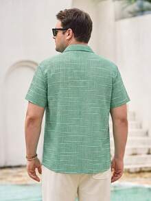 Mercer Haus Vintage Geometric Texture Digital Print Men's Plus Size Loose Fit Lightweight Polyester Button Pocket Short Sleeve Shirt - Green - View 2