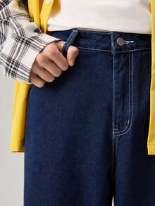 Men's Casual Everyday Letter Print Loose Wide-Leg Jeans - Medium Wash - View 7