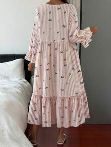 Livesso 女款蝴蝶結條紋印花鈕扣半開襟睡裙 - 白色 - 查看 2