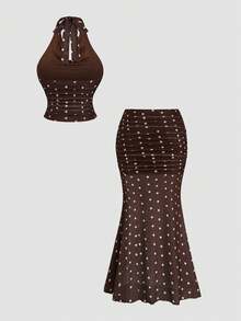 Sweetra Damen 2-teiliges Set: Spaghettiträger-Cowl-Neck-Pullover-Camisole-Top & figurbetonter Rock mit Polka-Dot-Blumenmuster und Meerjungfrauen-Saum, eleganter Vintage-Urlaubsstil - Kaffeebraun - Übersicht 2