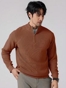 Manfinity Homme Suéter casual de manga raglán con cremallera de unicolor para hombre - Óxido marrón - Ver 5