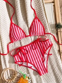 Swim Vcay Women's Spring/Summer Hot-Selling Fashion Striped Print With Solid Color Trim Design Beach Two-Piece Bikini Vacation Set - Red - View 3