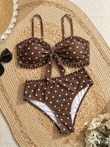 Swim Lushoire 春夏流行女款性感波點印花度假網紅風海灘比基尼套裝 - 棕色 - 查看 7