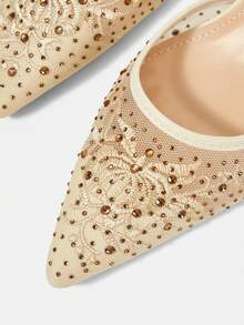 CUCCOO HITCHD Sepatu Hak Tinggi Stiletto Lancip Berhiaskan Rhinestone dan Motif Bunga Elegan untuk Wanita - Kuning - View 4