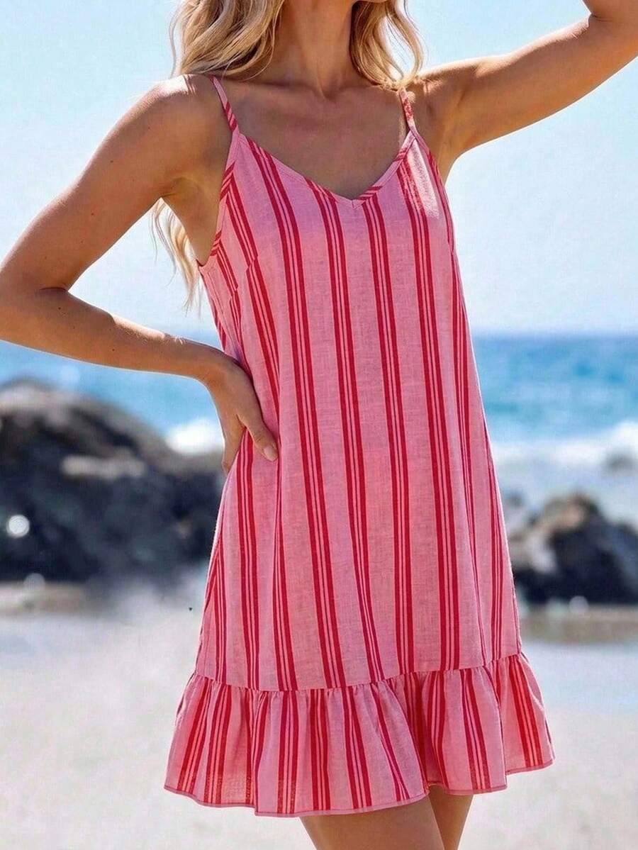 SHEIN LUNE 女款休閒度假迷你荷葉邊吊帶洋裝,彩色條紋洋裝,適合海灘、夏季穿搭、街頭風、日常通勤、約會、派對、秋冬/夏季、婚禮、畢業典禮,優雅休閒,適合外出,Y2K風格 - 彩色 - 查看 1