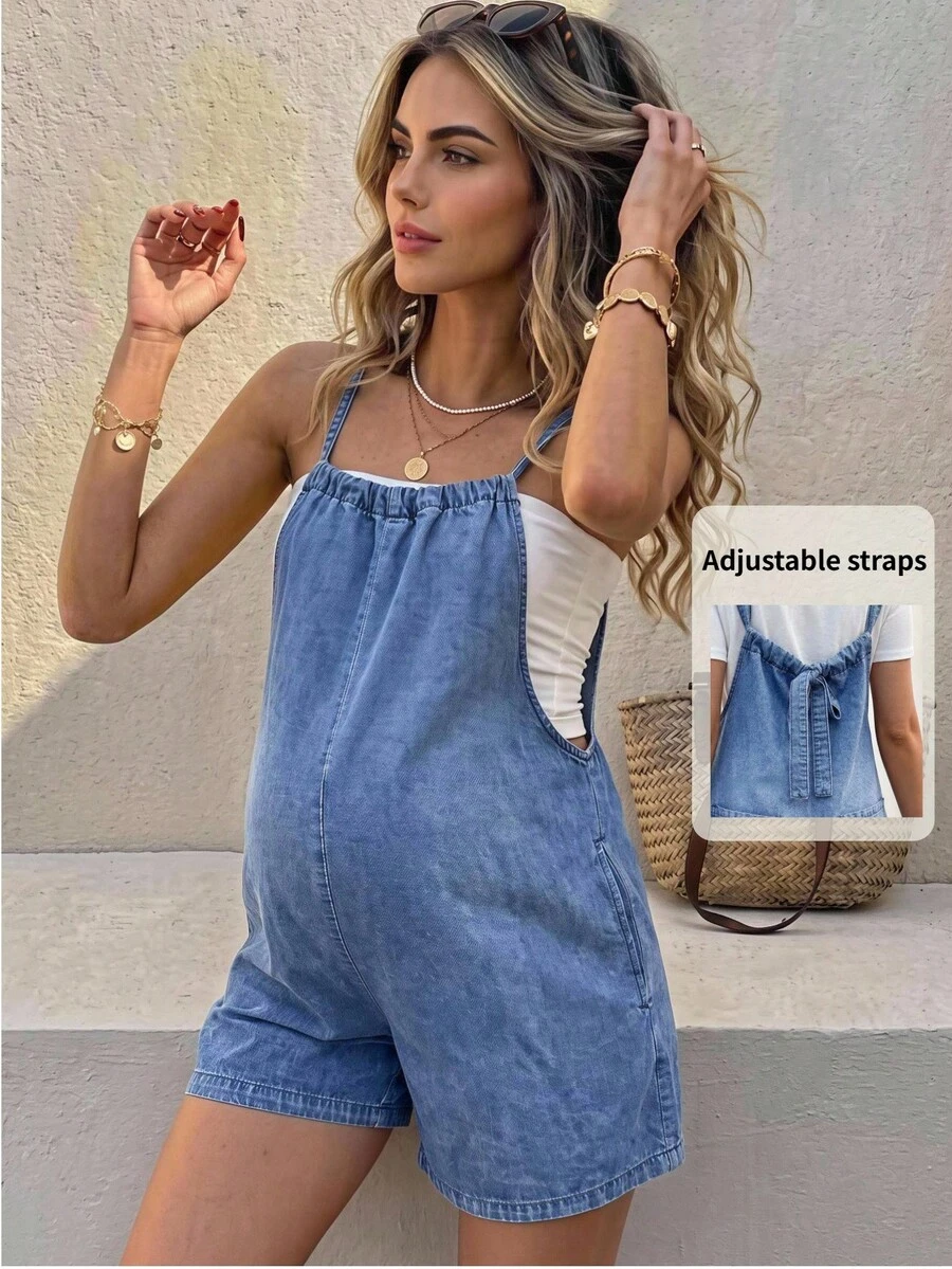 Boho Mama 孕婦休閒日常牛仔連身褲 - 中等水洗藍 - 查看 1