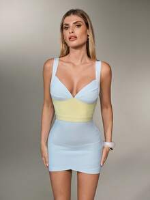 Nuvra Light Blue & Yellow Color Block Bodycon Mini Dress, Sexy Cocktail Party Dress - Blue - View 10
