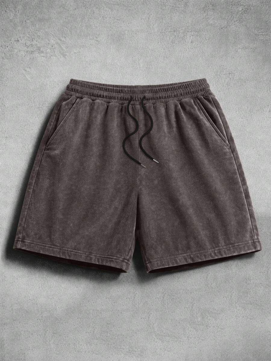 ROMWE MEN Casual Men's Washed Texture Drawstring Street Shorts - Coffee Brown - View 1