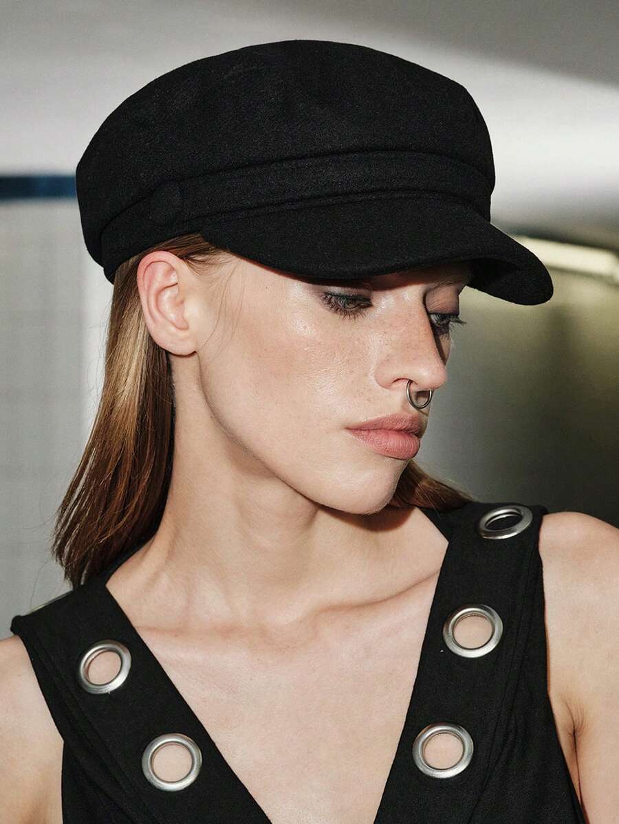 MortiRose 1pc Women's Solid Color Navy Cap, Street Fashion Beret Hat, Outdoor Casual Flat Top Cap Suitable For Autumn/Winter Travel, Beach Party - Black - View 1