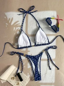 Swim Vcay 女款 2 件組熱帶可愛性感海軍藍波點印花掛脖綁帶三角比基尼上衣與側綁下褲，附金屬圓形裝飾，海灘度假款 - 彩色 - 查看 2