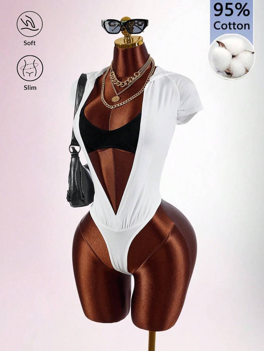 Amplova Women's Solid Color Camisole Cropped Tank Top Paired With Hooded Deep V-Neck Sexy Bodysuit Set Beach White Black Summer - Black and White - View 1