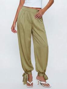 Avantive Women's Fashionable Versatile Solid Color Drawstring Ankle Pants City Break Olive Green Autumn Casual - Green - View 5