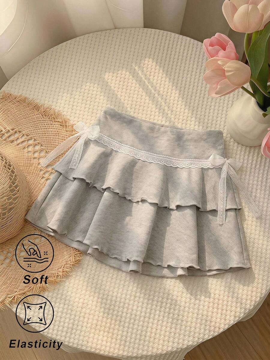 SHEIN MOD Women's Double Layer Ruffle Hem Lace Trim Bow Mini Skirt, Autumn,Country Concert Outfit,Casual, Back To School - Grey - View 1