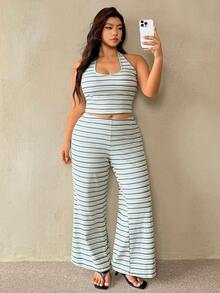 Auralis Plus Size Allover White Backless Halter Top And Long Pants 2 Pieces Set Vacation Summer Sexy Beach Vacation - Multicolor - View 5