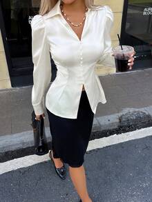 Siren Gaze Elegant Solid Color Satin Pleated Backless Tie Bow Blouse, Women's Autumn New Slim Fit Puff Sleeve Shirt, Off White, French Style, Party Office Dinner - Apricot - View 6