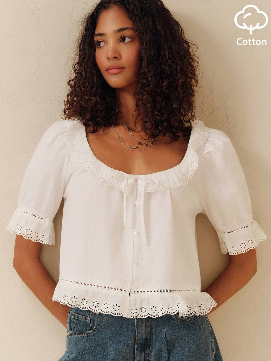 lacRébo White Cotton Blouse With Embroidered Details Front Buttoning Summer Holiday Work Brunch Vacation Office Top Cottagecore Romantic - White - View 1