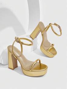 CUCCOO SZL Women's Round Toe Thick Heel High Heel Sandals, Stylish And Simple Women's Shoes, Elegant Commuter Party, Women's Sandals - Gold - View 1