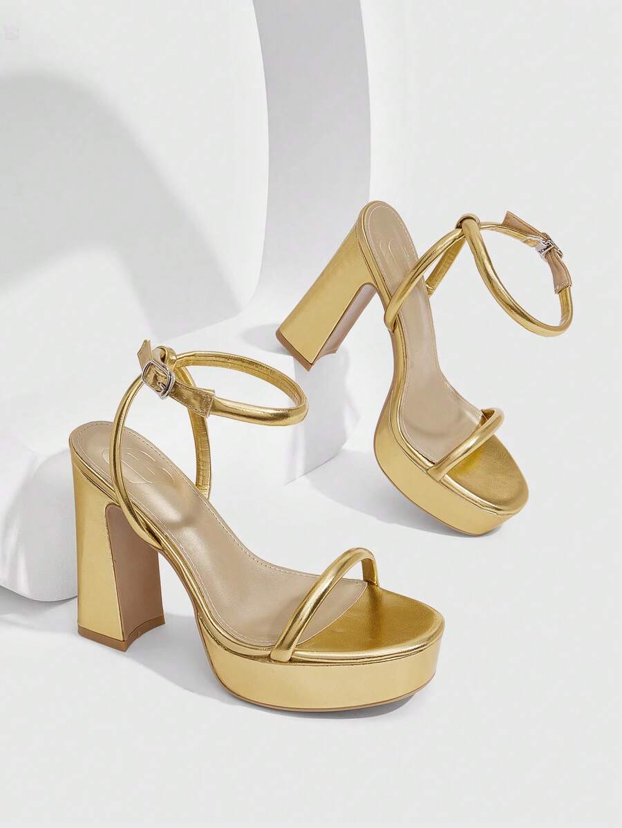 CUCCOO SZL Women's Round Toe Thick Heel High Heel Sandals, Stylish And Simple Women's Shoes, Elegant Commuter Party, Women's Sandals - Gold - View 1