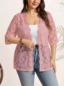 SHEIN LUNE 大尺碼女款蕾絲休閒百搭日常外出開襟衫 - 藕粉色 - 查看 7