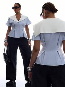 LYSMO Plus Size Women's Summer Striped Sailor Collar Short Sleeve Pleated Hem Blouse Back-To-School Graduation Blue And White Sailor - Multicolor - View 2