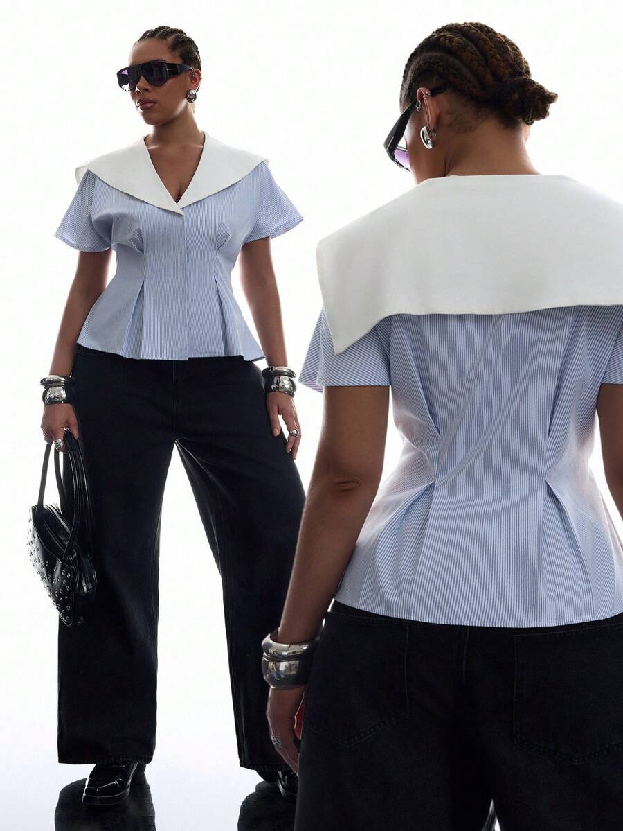 LYSMO Plus Size Women's Summer Striped Sailor Collar Short Sleeve Pleated Hem Blouse Back-To-School Graduation Blue And White Sailor