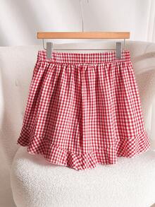 Story & Sage Women's Casual Cute Loose Plaid Ruffle Hem Shorts, Suitable For Spring/Summer Vacation Going Out Party Red And White Plaid - Red and White - View 2