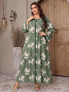Al Najma Plus Size Women's Green Floral Print Arabian Dress - Multicolor - View 5