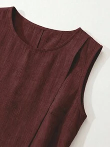 SHEIN LUNE CURVE 大尺碼女款純色圓領上衣與長褲休閒日常套裝 - 酒紅色 - 查看 5