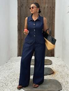 Dazy Plus Dark Wash Blue Denim Set, Fitted Sleeveless Denim Top With Starfish Button Decor, Loose Long Denim Pants, Plus Size Women Spring Summer - Dark Wash - View 4
