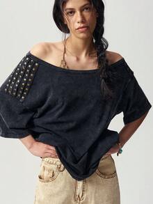 Bohemela Summer/Fall, Casual Black Knit Loose Washed Women's Tee With Studded Detail, Daily Wear, Concert Party & Going Out, Back To School - Black - View 3