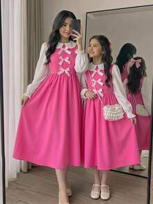 SHEIN Tween Girl 針織拼色休閒優雅長袖洋裝，粉色與酒紅色 - 粉色 - 查看 4
