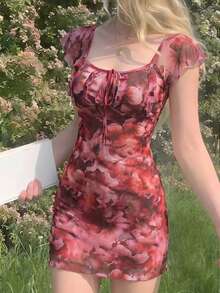 SHEIN MOD 女款夏季優雅花卉印花迷你洋裝 - 櫻桃紅 - 查看 3
