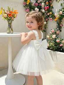 Glamorique Kids 女童花朵肩帶露背網紗公主裙，花童生日派對禮服，嬰兒女寶寶蕾絲秋季洋裝 - 白色 - 查看 6