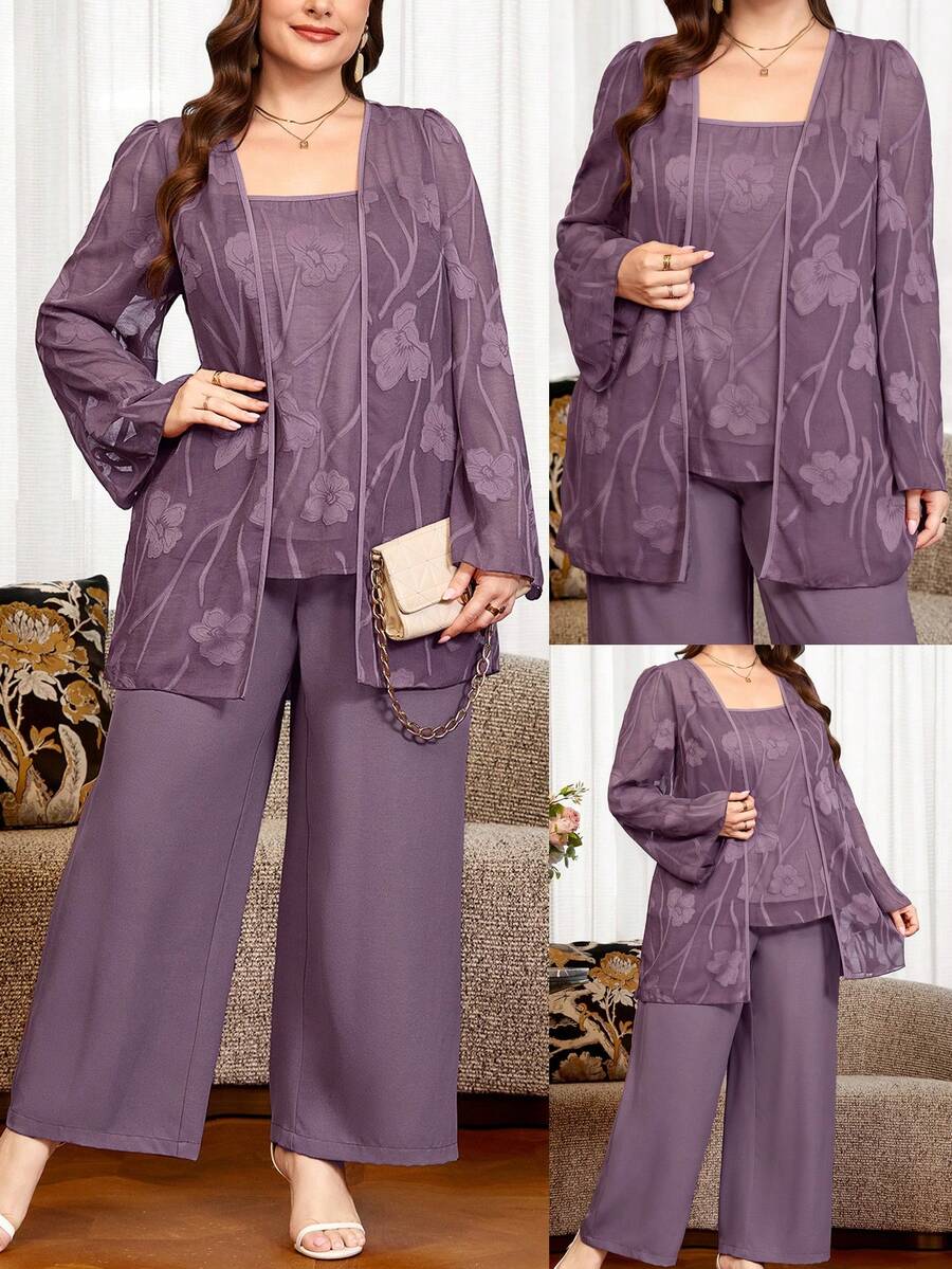Reflora Plus Size Women 2 Pieces Set Autumn Winter Elegant Purple Rhinestone Decor Party Outfit Fall