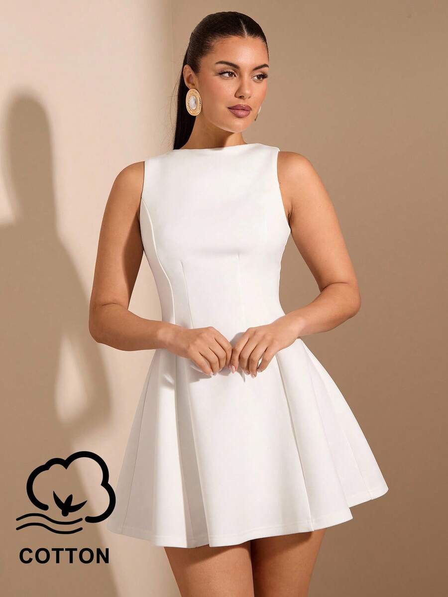 SHEIN BAE 女款純色無袖收腰A字優雅連身裙，適合秋季約會 - 白色 - 查看 1