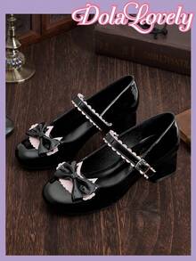 Dola Lovely Zapatos Mary Jane para mujer en negro y rosa con hechizo, punta redonda, lazo, hebilla de encaje, estilo dulce y fresco, tacones altos. - Charol negro - Ver 6