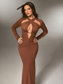 Nuvra Fashionable Sexy Solid Color Hollow Out Bodycon Dress - Brown - View 5
