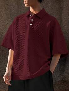 Manfinity Homme 男士大尺碼不對稱提花落肩休閒短袖 Polo 衫，適合日常穿著、度假，送給丈夫/男友的禮物 - 酒紅色 - 查看 1