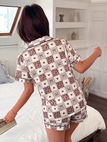 Napfluff Conjunto de pijama con estampado de leopardo & patrón de corazón, cuello de solapa, 2 piezas - Multicolor - Ver 2