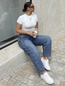 Flexra Quần Jeans Boyfriend Cỡ Lớn Có Nút Thắt Lưng Túi Ống Thẳng Thời Trang Thường Ngày Vừa Vặn Thoải Mái Đã Giặt - Rửa trung bình - Xem 5