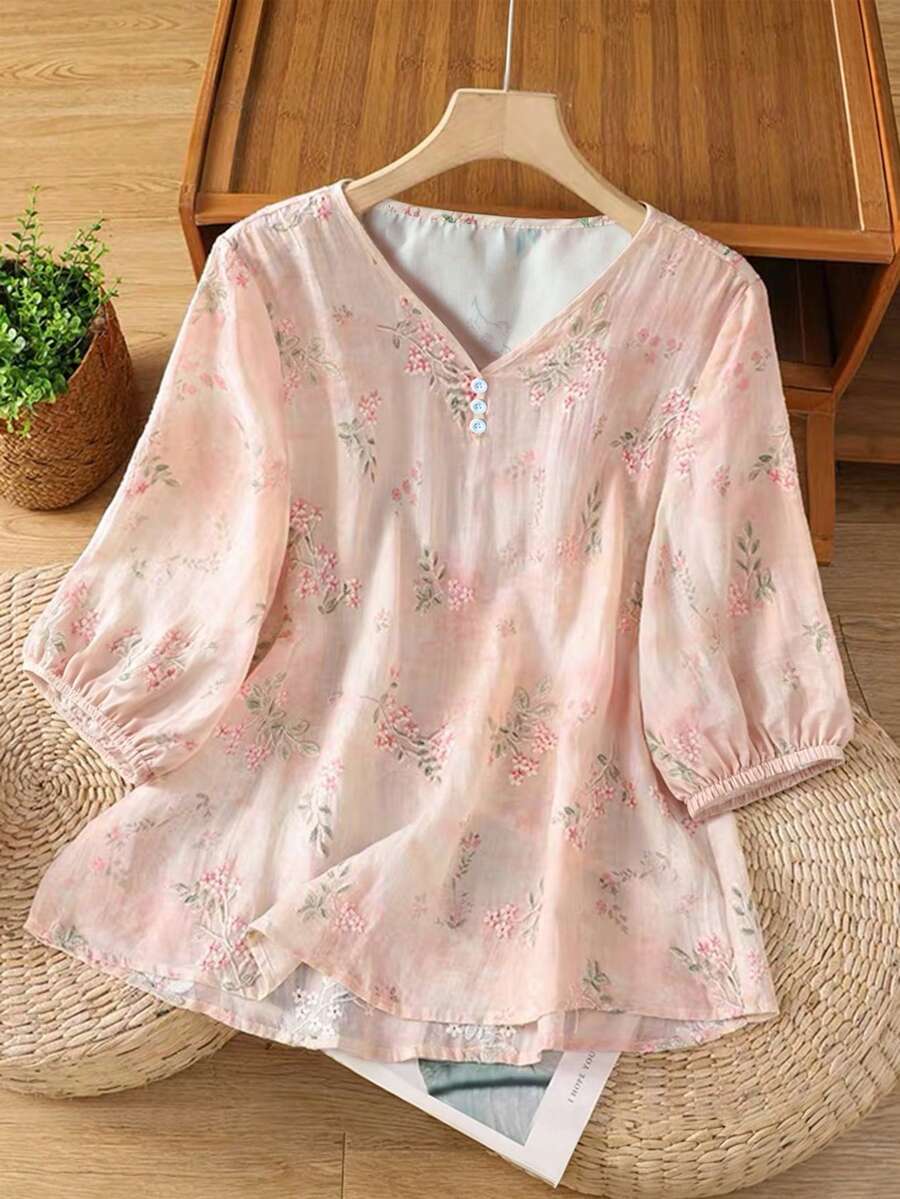 SHEIN Franclia 夏季女款花卉寬鬆青春風襯衫 - 粉色 - 查看 1