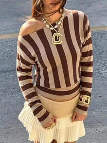 SHEIN EZwear 女款棕色條紋拼接休閒 2000年代風格 百搭日常約會早午餐外出針織上衣 度假秋季 - 彩色 - 查看 11