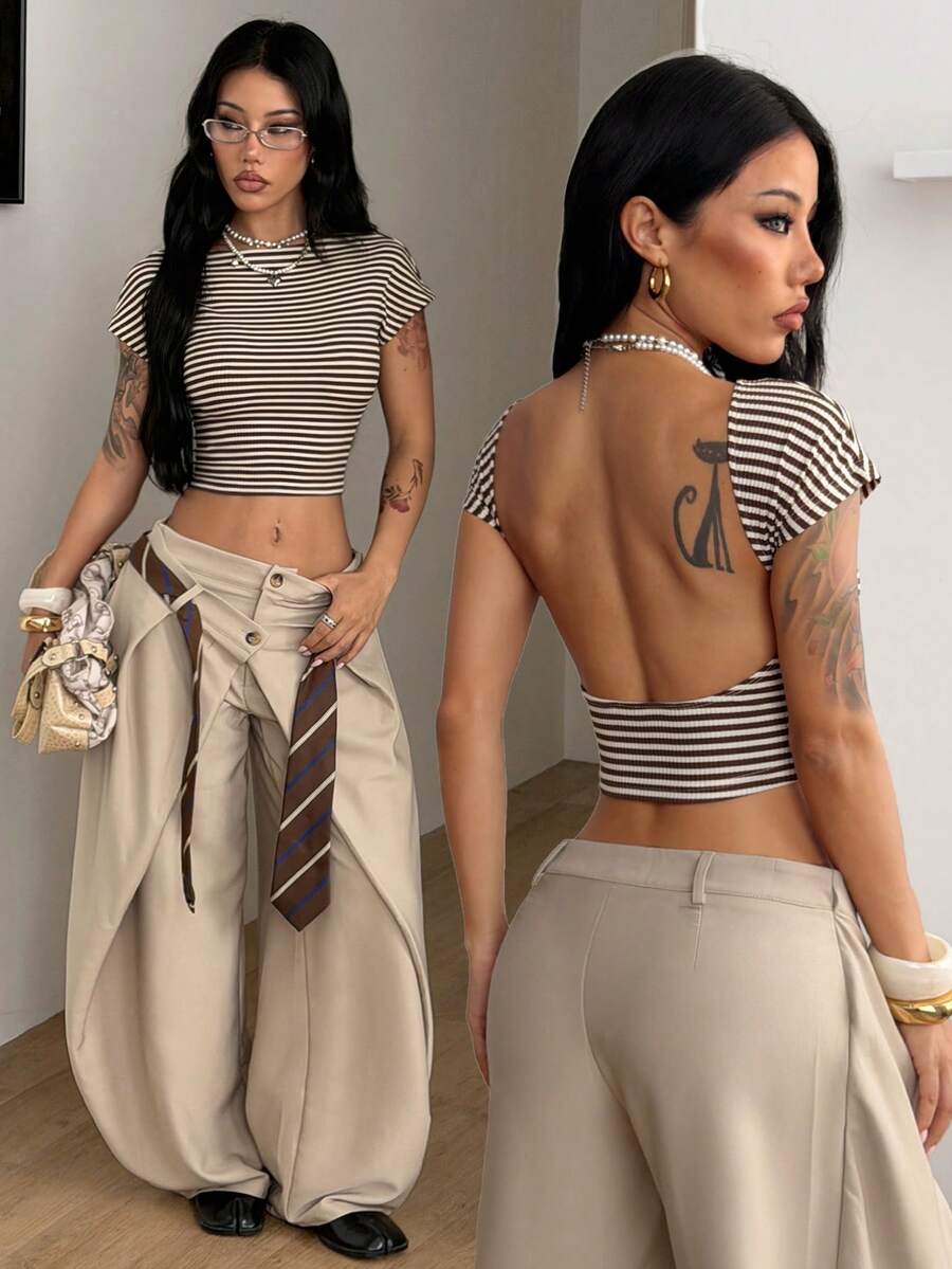 Coolane Women's Summer Streetwear Casual Country Concert Sexy Chic Stretchy White And Brown Striped Backless Tops Club Club Night Night Out - Brown - View 1
